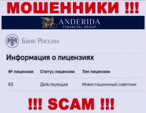 Anderida Financial Group пишут, что имеют лицензию на осуществление деятельности от Центрального Банка РФ (данные с онлайн-сервиса шулеров)