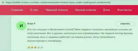 Валютный трейдер представил информацию о ФОРЕКС дилинговой компании ВестМаркет Лимитед на онлайн-сервисе bubble-brokers com