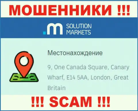 На онлайн-ресурсе Solution Markets нет честной информации об адресе компании - это МОШЕННИКИ !!!