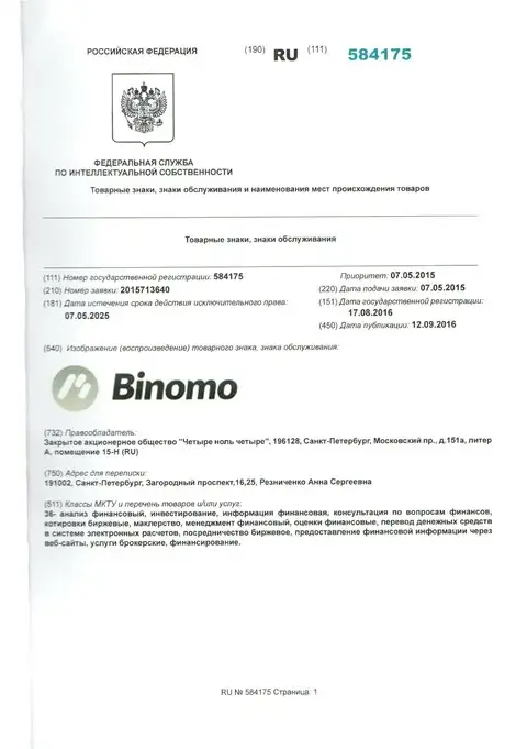 Описание товарного знака Биномо в РФ и его владелец